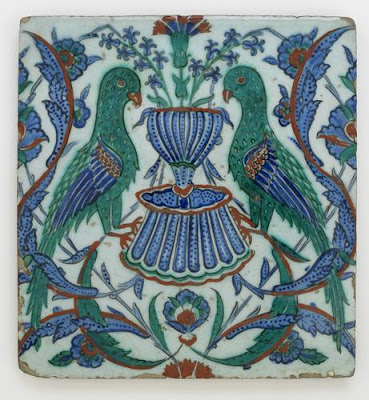 Tile | Origin:  Iznik,  Turkey | Period: early 17th century  Ottoman period | Details:  Not Available | Type: Stone-paste painted under glaze | Size: H: 26.0  W: 24.0  cm | Museum Code: F1966.12 | Photograph and description taken from Freer and the Sackler (Smithsonian) Museums.