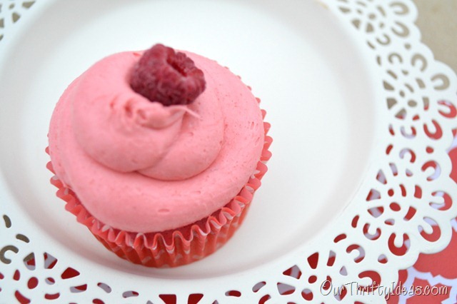 Our Thrifty Ideas- Make these easy Raspberry cupcakes from a mix and frozen raspberries. Super yummy and pretty at the same time.
