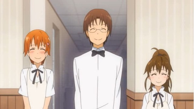 Mahiru, Souta, and Popura standing side-by-side smiling forward at the viewer