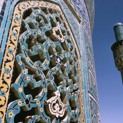 ca. 1970-1995, Isfahan, Iran --- Decorative blue-tile mosaicwork, embellished with arabeque patterns, surrounds an arched meshrebeeyeh at Masjid-e Imam, known as the Blue Mosque, in Isfahan, Iran. The mosque was built for Shah Abbas in the early 17th century. --- Image by © Adam Woolfitt/CORBIS 4134903844_b59bfd2874_o.jpg