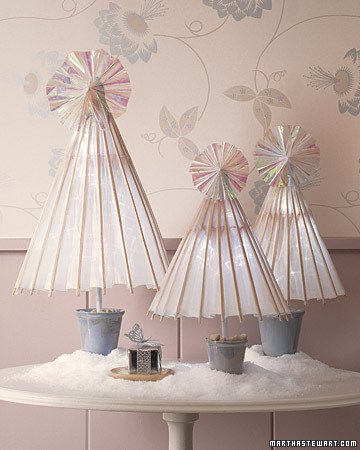 These child-size paper parasols turn a side table into a winter wonderland. Plant them in miniature flowerpots filled with gravel. Tape the umbrellas open just a bit, then tuck in a cluster of batter-powered LED lights. These child-size paper parasols turn a side table into a winter wonderland. Plant them in miniature flowerpots filled with gravel. Tape the umbrellas open just a bit, then tuck in a cluster of batter-powered LED lights.
