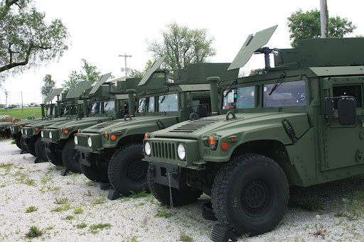 Armor plated Humvees line up at the National Guard Armory in Springfield, Missouri.
