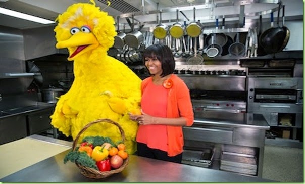 First Lady Michelle Obama participates in a “Let’s Move!” and Sesame Street taping with Big Bird in the White House Kitchen, Feb. 13, 2013. (Official White House Photo by Lawrence Jackson)

This official White House photograph is being made available only for publication by news organizations and/or for personal use printing by the subject(s) of the photograph. The photograph may not be manipulated in any way and may not be used in commercial or political materials, advertisements, emails, products, promotions that in any way suggests approval or endorsement of the President, the First Family, or the White House. 