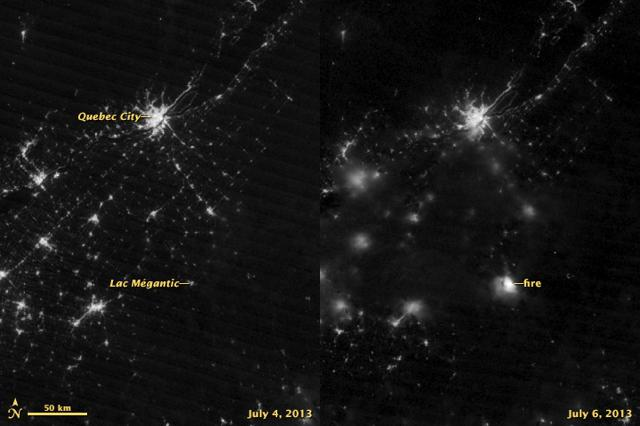 The picture on the left was taken on 4 July 2013, before the oil explosion, while the image on the right is from 6 July 2013, when the accident occurred. Photo: NASA