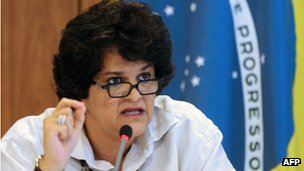 Brazil Environment Minister Izabella Teixeira, 25 May 2012. Brazilian President Dilma Rousseff has vetoed parts of a controversial bill which regulates how much land farmers must preserve as forest. Teixeira said the vetoes would protect the environment. AFP