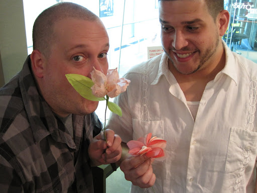 The dudes, Chris (left) and Steve, proudly display their finished flowers. Want to make this craft?