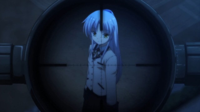 Looking through a sniper scope at a school girl at night