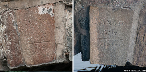 Kvarnbrons två slutstenar som nämner Peter Julin och Carl von Linné.