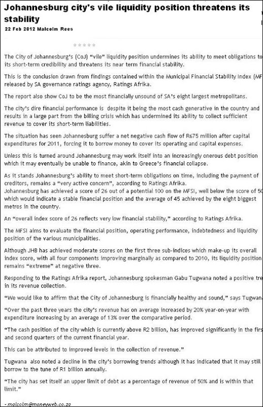 JOHANNESBURG VILE LIQUIDITY POSITION THREATENS STABILITY