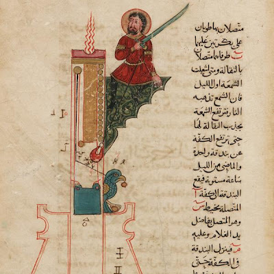 Folio from an Automata by al-Jazari; A Candle Clock | Origin: Syria | Period: Early 14th century (1315 December) /Dated Ramadan 715 Farruk ibn Abd al-Latif (CB) | Details: Not Available | Type: Opaque watercolor, ink and gold on paper | Size: H: 30.8 W: 21.9 cm | Museum Code: F1930.71 | Photograph and description taken from Freer and the Sackler (Smithsonian) Museums. 348fb6ae18f5415ab66bb870641f1ed1.jpg