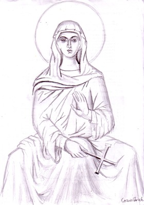 Icoana bizantina icoana in creion sfanta fecioara Maria sau Maica Domnului desen in creion