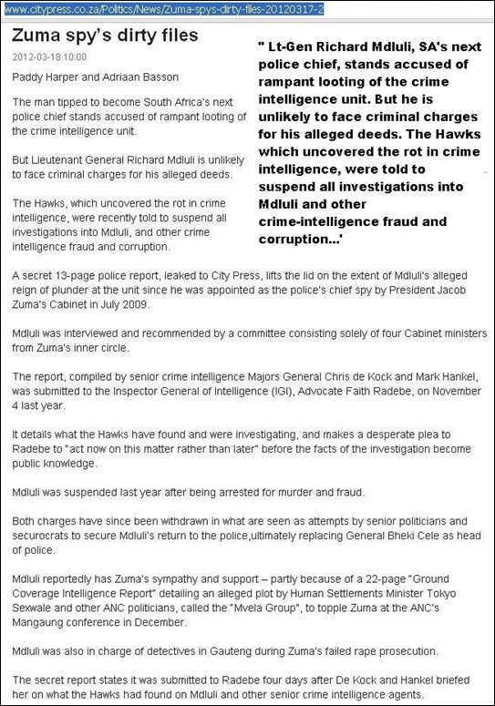 MDHULI CITY PRESS MARCH 18 2012 ZUMA SPY DIRTY FILES PADDY HARPER_ ADRIAAN BASSON