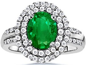 Oval Emerald and Diamond Border Ring