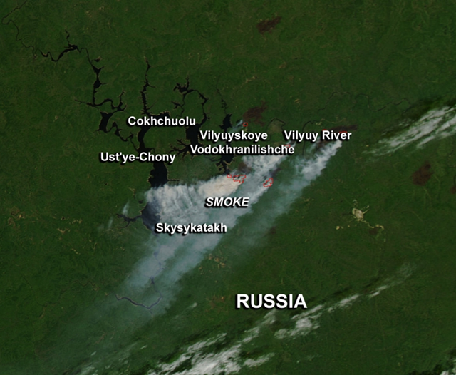 Satellite view of forest fires burning north and east of Russia's Irkutsk Oblast, 22 July 2013. The Irkutsk Oblast is located in southeastern Siberia in the basins of Angara, Lena, and Nizhnyaya Tunguska Rivers. Some of the places affected by the smoke include Cokhchuolu, Ust'ye-Chony, Skysykatakh, and Chernyshevskiy along the Vilyuy River. Photo: Jeff Schmaltz / NASA Goddard MODIS Rapid Response Team