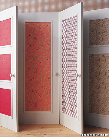 I love this idea. Wallpapering a door really makes a bright touch. (marthastewart.com) I love this idea. Wallpapering a door really makes a bright touch. (marthastewart.com)