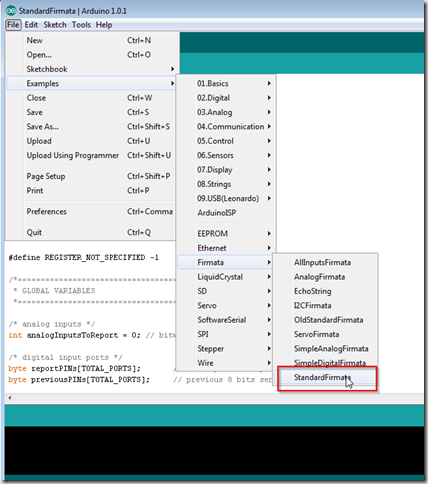 burn firmata code into arduino