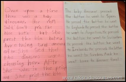Which 1st grade writing sample shows promise of being a better writer?  Building details and vocabulary into a story is MORE IMPORTANT than spelling and handwriting.  Raki's Rad Resources