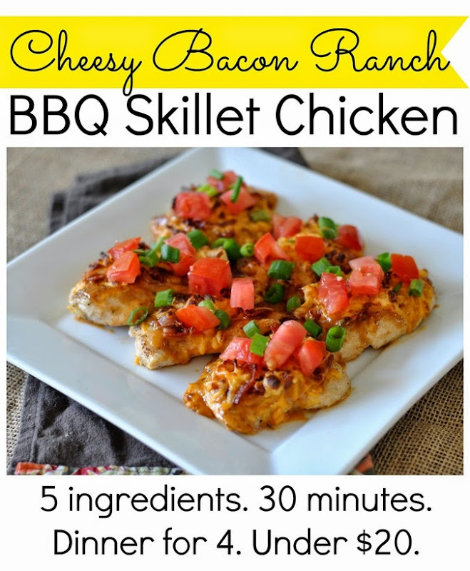 Cheesy Bacon Ranch BBQ Skillet Chicken. A delicious budget friendly meal recipe that costs under $20 to prepare!