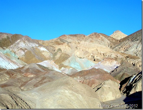 This is the Artist's Palette area in Death Valley. The colors are really outstanding. We had the place to ourselves as the sun set and the arrays were beautiful. The colors changed instantly to muted shades as the sun sank behind the mountain, but this is just before that happened. Artists Palette at Death Valley NP