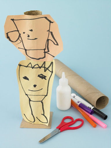 After visiting a museum with some impressive totem poles, my son made his own. I glued a tube to a square cardboard base and he did the rest.