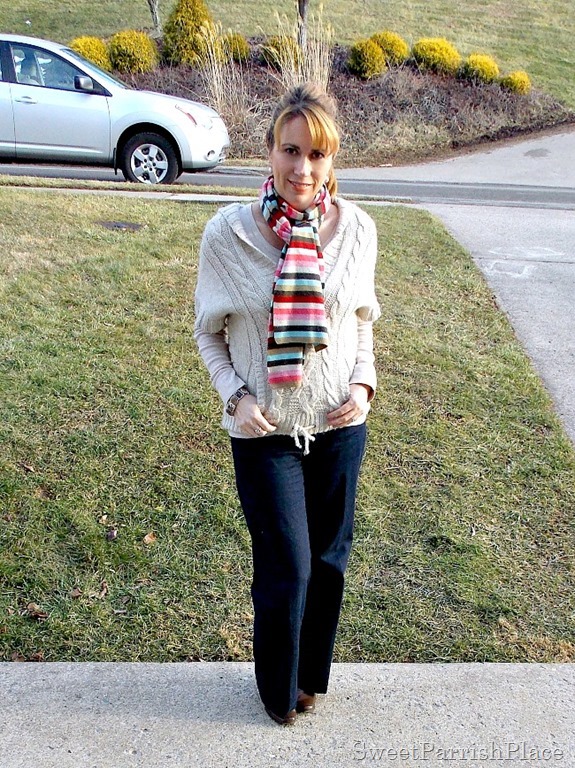 trouser jeans, booties with neutrals top and colorful scarf5