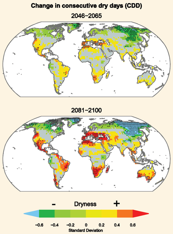 Projected change in consecutive dry days, 2046-2100. This graph shows projected annual changes in dryness assessed from change in annual maximum number of consecutive dry days (CDD, days with precipitation <1 mm). It shows changes for two time horizons, 2046-2065 and 2081-2100, as compared to late-20th-century values (1980&ndash;1999), based on GCM simulations under emissions scenario SRES A2 relative to corresponding simulations for the late-20th-century. IPCC