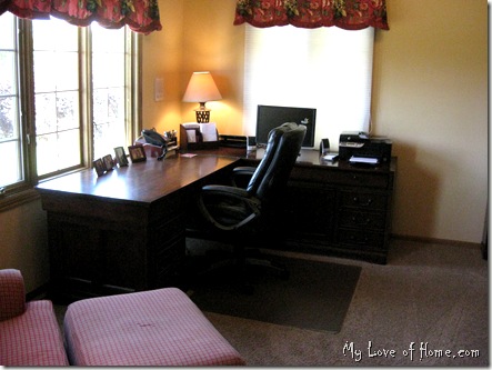 Brown Desk, Home Office, Red Curtains, gold walls