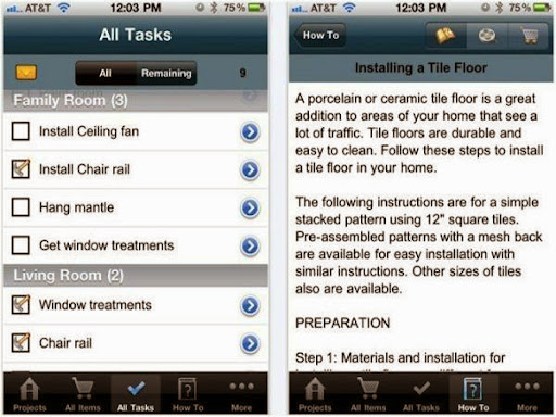 The HandyMan DIY app helps you keep lists of the tasks you need to complete with a to-do list, checklists of materials, and ways to track your spending. It also has instructions for different home projects, along with lists of materials needed. $2, itunes.com. The HandyMan DIY app helps you keep lists of the tasks you need to complete with a to-do list, checklists of materials, and ways to track your spending. It also has instructions for different home projects, along with lists of materials needed. $2, itunes.com.