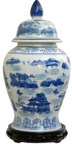 Blue and white Chinese porcelain temple jar