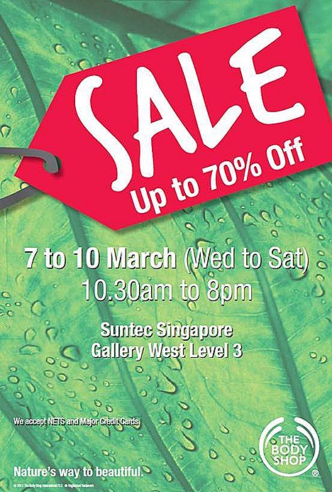 The Body Shop SALE Singapore Warehouse Skincare cosmetics bodycare haircare Suntec City Convention Centre Gallery West