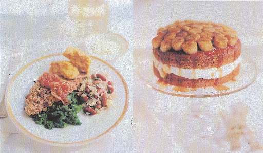 Left: A representation of enlightened Southern cooking with pecan-crusted catfish, mustard greens, a bean and rice salad and sweet-potato biscuits.
Right: A sourcream banana cake, a classic Southern combination of butter, brown sugar and bourbon. (Martha Stewart Living) Left: A representation of enlightened Southern cooking with pecan-crusted catfish, mustard greens, a bean and rice salad and sweet-potato biscuits.
Right: A sourcream banana cake, a classic Southern combination of butter, brown sugar and bourbon. (Martha Stewart Living)