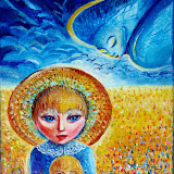 SPRZEDANY: Dziewczynka z lalką na łące - z cyklu wspomnienia dzieciństwa - Mantykora. akryl na płótnie; wymiary 30x40cm