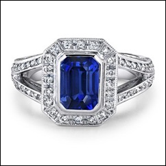 Emerald Cut Sapphire and Diamond Split Shank Ring