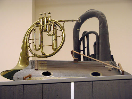 Hoover also has several handmade, one of a kind instruments, like this dulcimer-like apparatus (foreground). (Photo credit: Rebekah Clark)