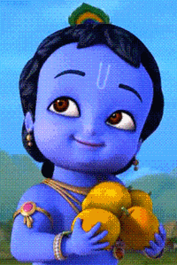 [Krishna smiling with fruit]