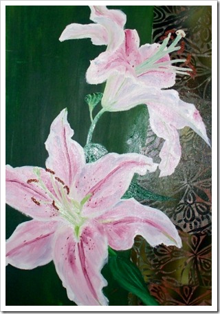 pink  lilies on green
