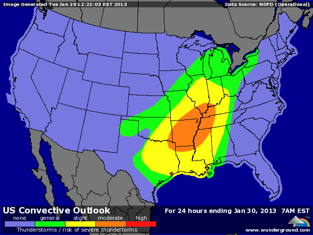 NOAA's Storm Prediction Center has placed portions of Arkansas, Louisiana, Texas, Tennessee, Missouri, Alabama, Oklahoma, Illinois, Indiana, and Mississippi in their 'Moderate Risk' region for severe weather on Tuesday, 29 January 2013. This is the first 'Moderate Risk' forecast issued during 2013. Graphic: Weather Underground