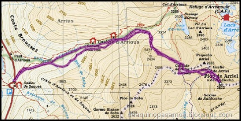 Mapa Arista NO y Descenso Cara Oeste con esquís (Pico de Arriel 2822m, Arremoulit, Pirineos)