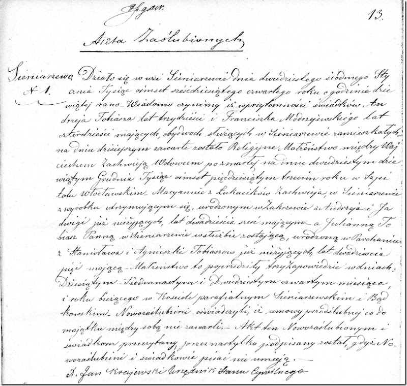 Marriage of Wojciech Zachwieja and Julianna Tobiasz - 26 Jan 1864 - Page 13 - No 1 - Siniarzewo Parish