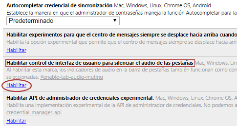 Habilitar control de audio en pestañas Habilitar control de audio en pestañas