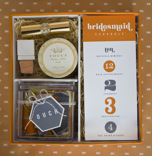 The box can hold all the bridesmaids' necessities for the day of the wedding: the itinerary, a first-aid and sewing kit, and beauty supplies. The box can hold all the bridesmaids' necessities for the day of the wedding: the itinerary, a first-aid and sewing kit, and beauty supplies.
