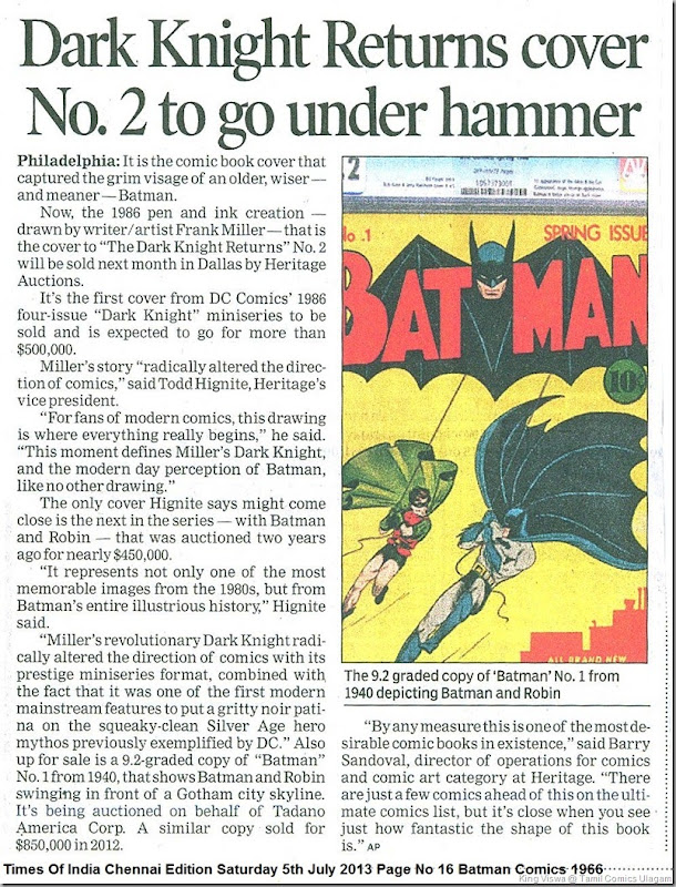 Times Of India Chennai Edition Saturday 5th July 2013 Page No 16 Batman Comics 1966