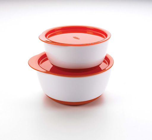 Oxo Tot's Small + Large bowl set has lids—genius! $10 for 2 piece set, oxo.com.
