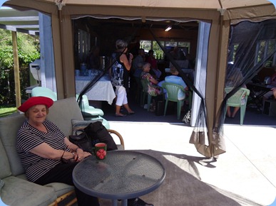 Jeanette Beamish enjoying some cool shade in the gazebo