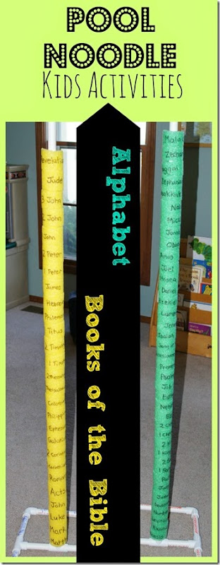 Pool Noodle Kids Activity - Help kids learn the alphabet or Books of the Bible with this fun, hands on idea using pool noodles! Preschool-3rd grade Pool Noodle Kids Activity - Help kids learn the alphabet or Books of the Bible with this fun, hands on idea using pool noodles! Preschool-3rd grade