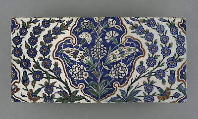 Tile [one of two] | Origin: Turkey, Iznik, Ottoman | Period:  last quarter of the 16th century | Collection: The Phil Berg Collection (M.71.73.37a) | Type: Ceramic; Architectural element, Fritware, underglaze painted in red, blue, green and black, 8 x 19 in. (20.32 x 48.26 cm)