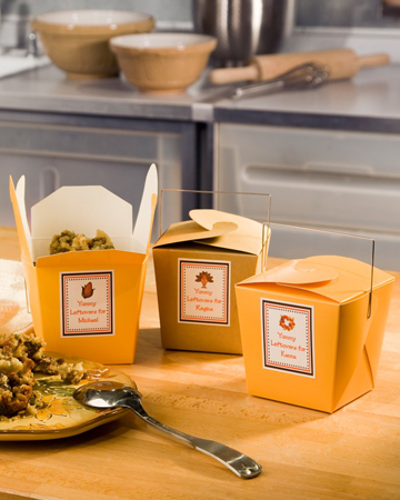 Using Chinese take-out boxes is a great way to divide different side dishes to send your guests home with. Using Chinese take-out boxes is a great way to divide different side dishes to send your guests home with.