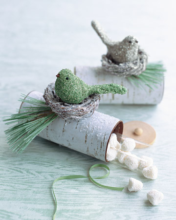 This yule log favor uses our clip art, glittery birds, nests, and pine needles to create the perfect wintry present. http://www.marthastewart.com/how-to/yule-log-favor-boxes This yule log favor uses our clip art, glittery birds, nests, and pine needles to create the perfect wintry present. http://www.marthastewart.com/how-to/yule-log-favor-boxes