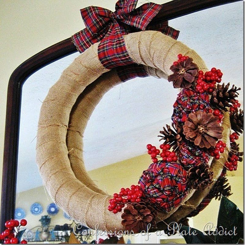 My Christmas Wreath...Burlap and Plaid with Pine Cone Roses