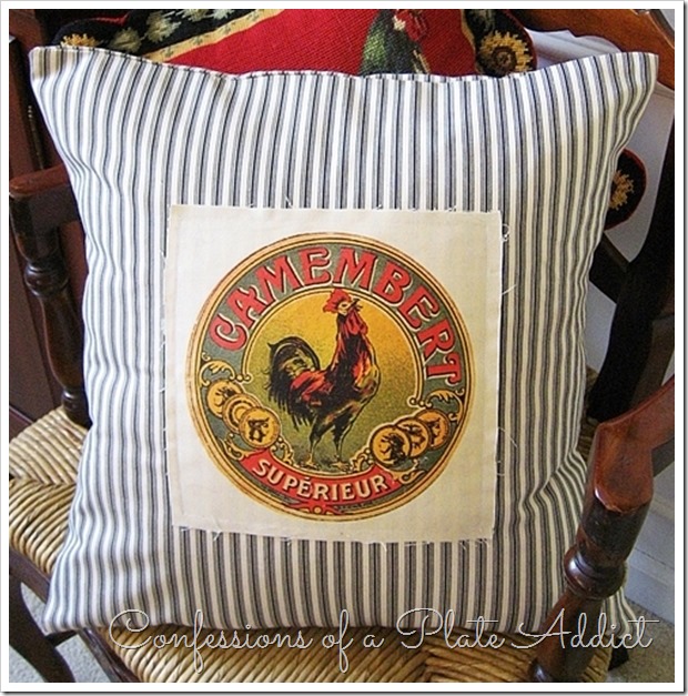 CONFESSIONS OF A PLATE ADDICT Ticking Pillow with Vintage French Cheese Label CONFESSIONS OF A PLATE ADDICT Ticking Pillow with Vintage French Cheese Label